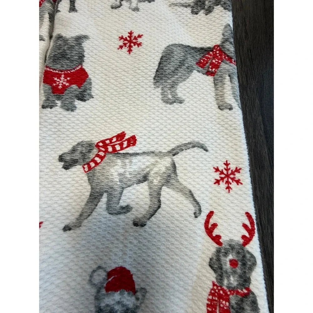 Casaba Home Christmas Dog Kitchen Hand Towels Set of 2 Red Pom Pom Trim Waffle